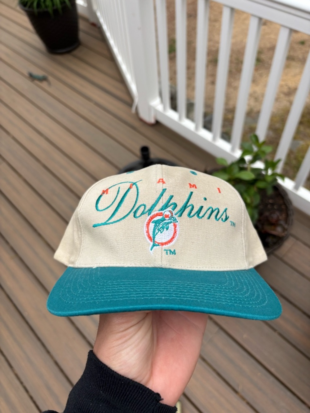 Vintage 90’s Miami Dolphins NFL Team Canvas Tan Script Hat Deadstock